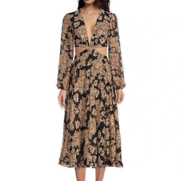 NWT Gianni Bini Black Brown V-Neck Cut Out Maxi Dress Size 12 - Picture 1 of 10